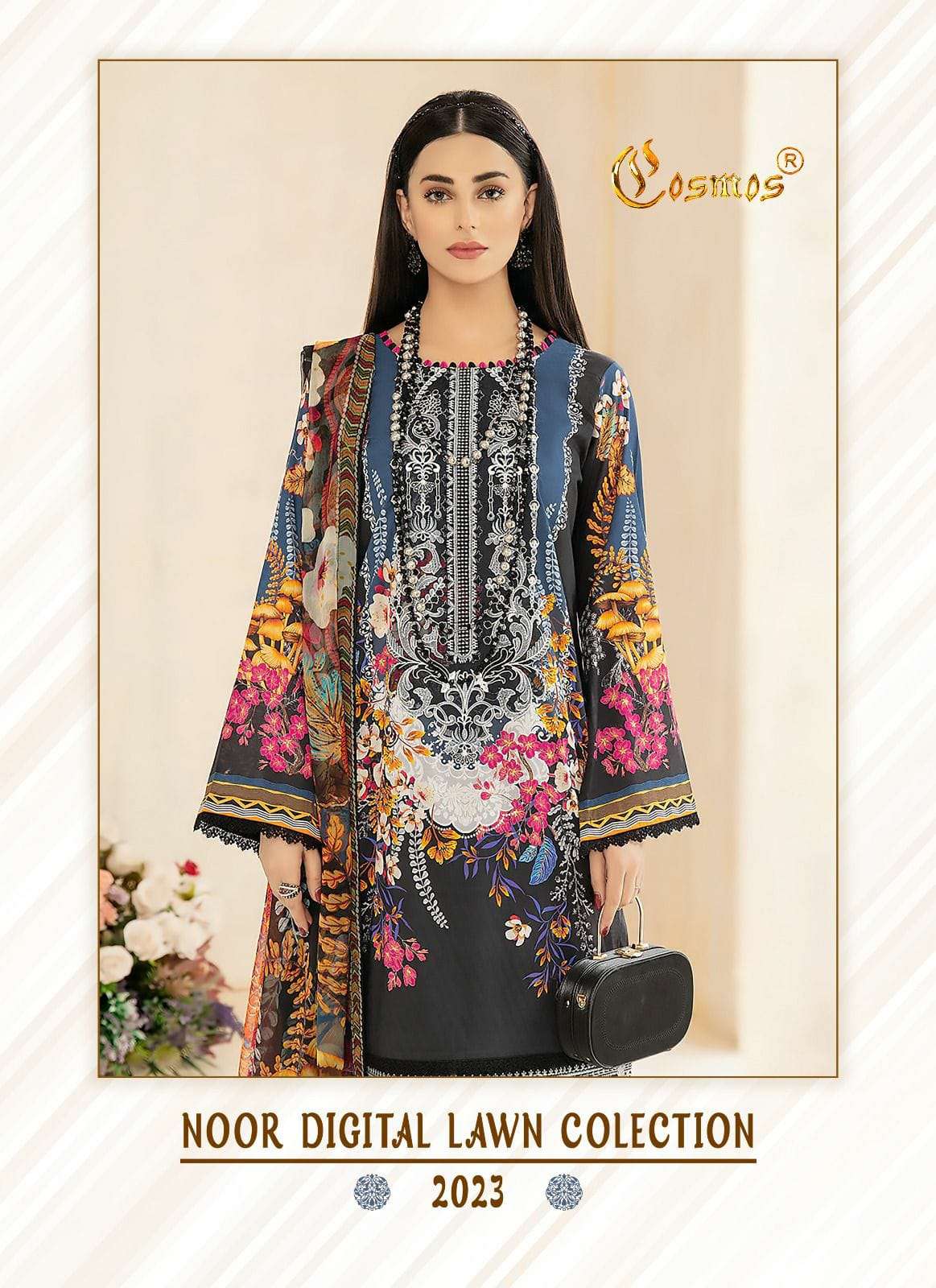 COSMOS NOOR DIGITAL LAWN COLLECTION-2023 DESIGNER LAWN DIGITAL PRINT SELF EMBROIDERY WORK PAKISTANI REPLICA HEAVY WORK SUITS IN BEST WHOLESALE RATE