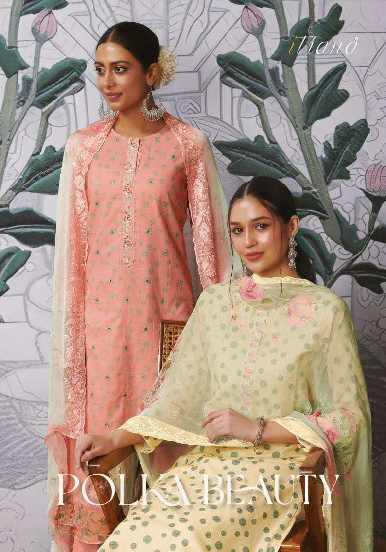 ITRANA POLKA BEAUTY DESIGNER COTTON LAWN PRINT WITH MIRROR WORK HEAVY SUITS IN BEST WHOLESALE RATE