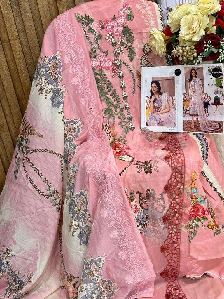 MEHBBOB TEX SANA SAFINAZ NEEDLE DESIGNER LAWN COTTON PRINTED EMBROIDERY PATCH WORK SUITS IN BEST WHOLESALE RATE