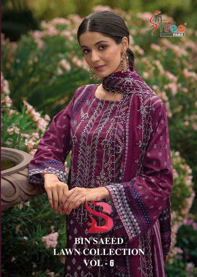 SHREE FAB BIN SAEED LAWN COLLECTION VOL 6 DESIGNER LAWN COTTON PRINT WITH  SELF EMBROIDERY WORK HEAVY SUITS IN BEST WHOLESALE RATE