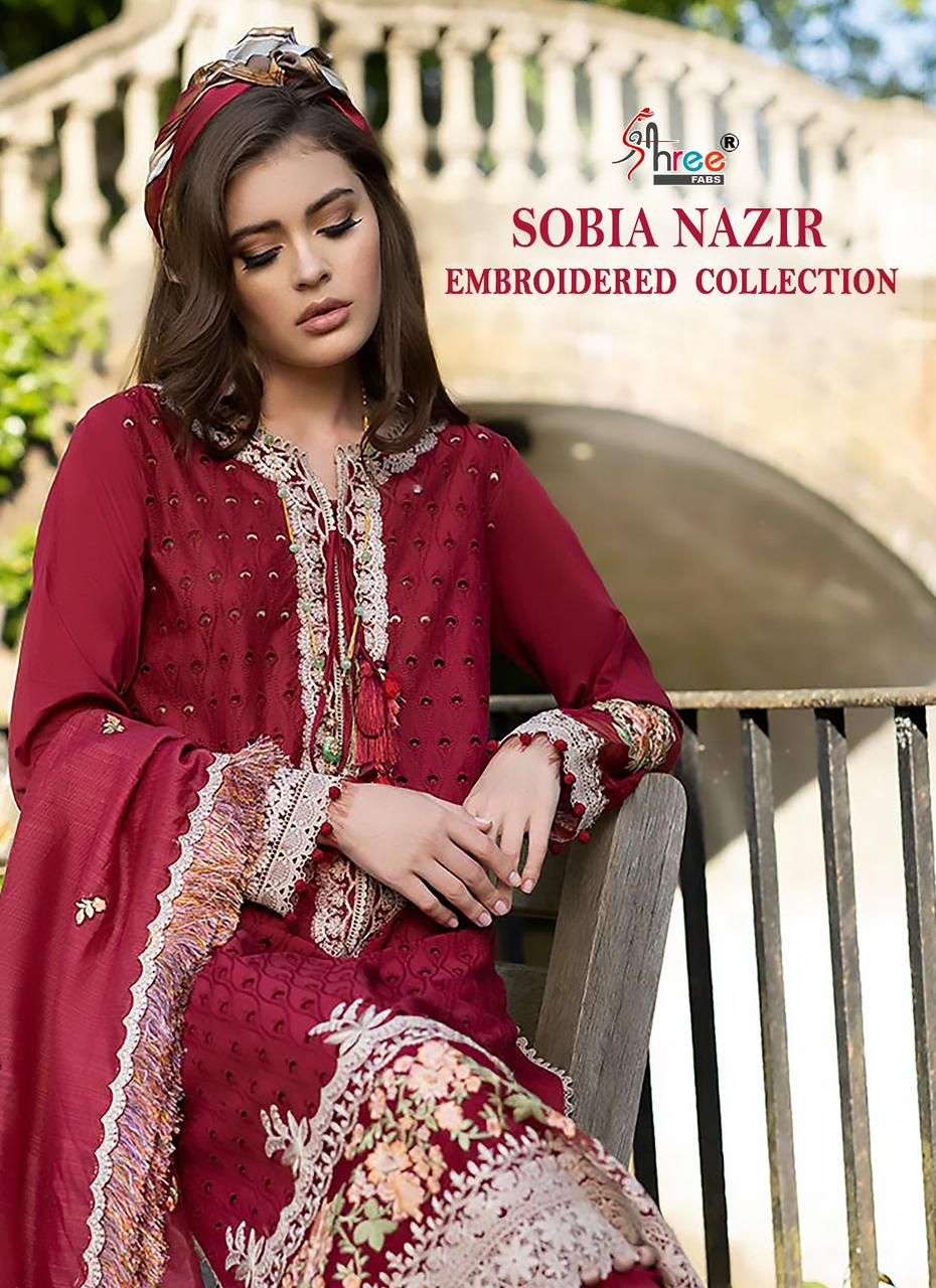 SHREE FAB SOBIA NAZIR EMBROIDERED COLLECTION-2023 DESIGNER COTTON PRINT WITH SELF EMBROIDERY WORK PAKISTANI REPLICA SUITS WHOLESALE 