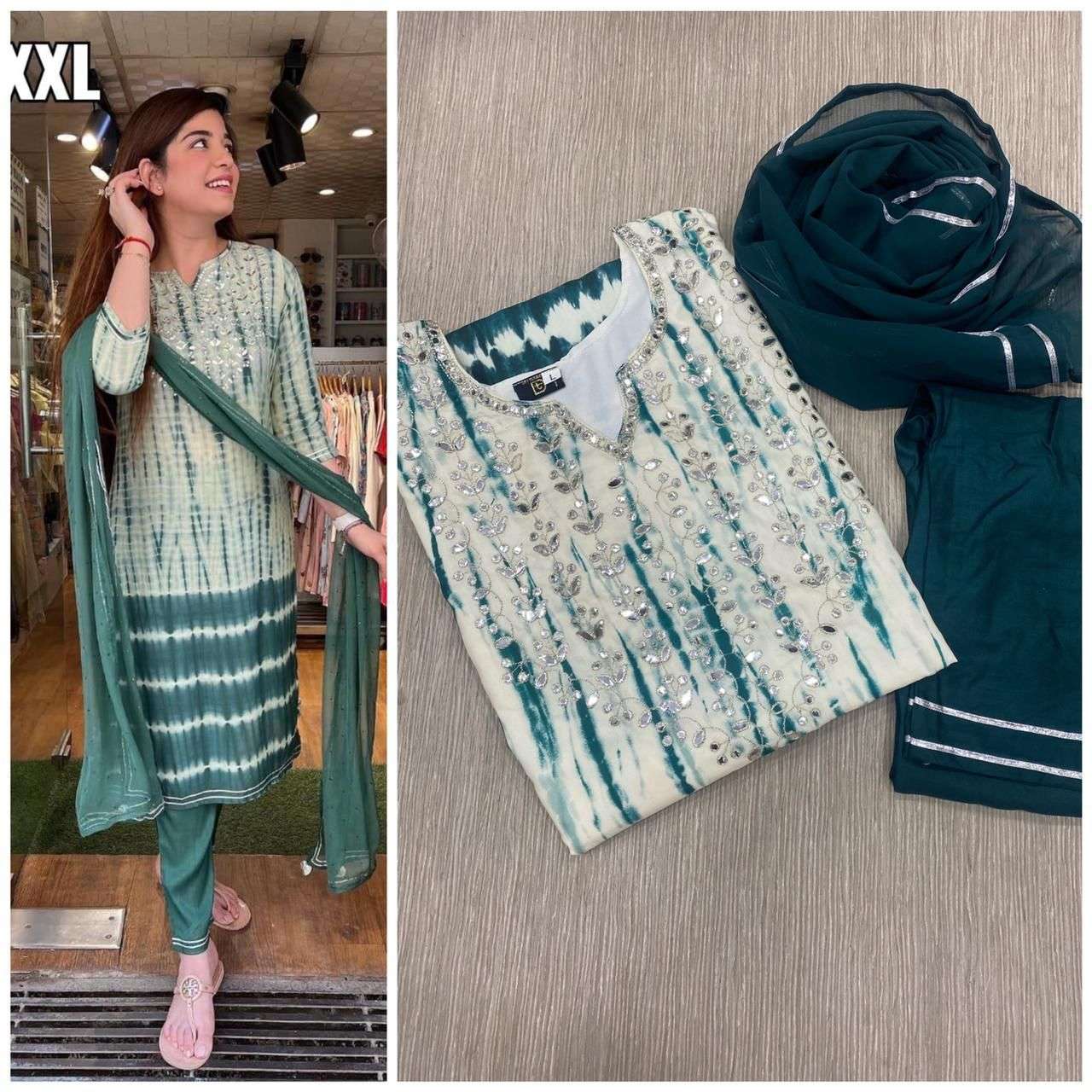 DESIGNER MUSLIN SILK NECK WORK STRAIGHT KURTA WITH RAYON PANT AND GEORGETTE FOUR SIDE LACE DUPATTA HEAVY READYMADE KURTA SETS IN SINGLES 