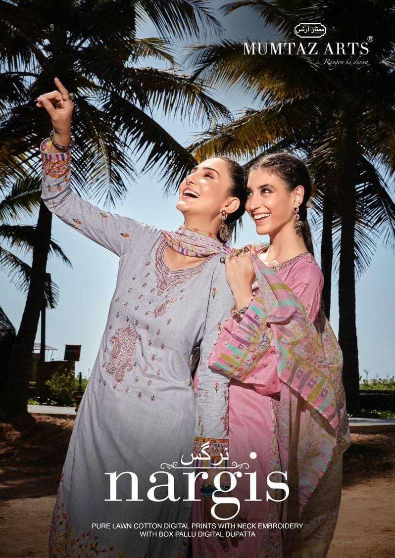MUMTAZ ARTS NARGIS DESIGNER CAMBRIC LAWN DIGITAL PRINT WITH EMBROIDERY WORK OUTDOOR WEAR SUITS WHOLESALE 