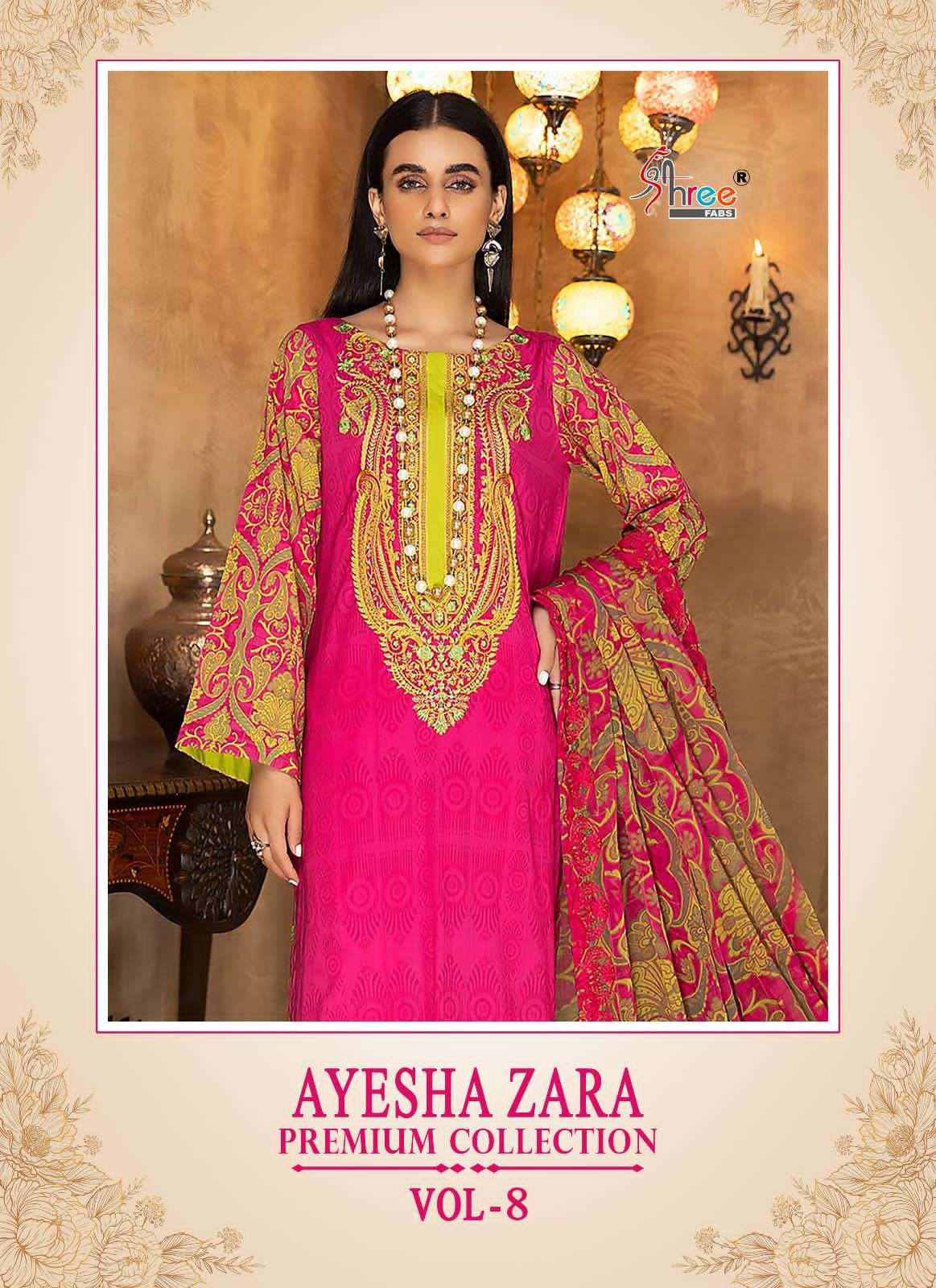 SHREE FAB AYESHA ZARA PREMIUM COLLECTION VOL 8 DESIGNER COTTON PRINTED WITH PATCHWORK HEAVY PAKISTANI REPLICA SUITS WHOLESALE 