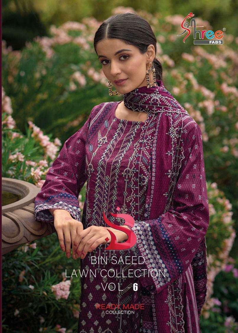 SHREE FAB BIN SAEED LAWN COLLECTION VOL 6 DESIGNER LAWN PRINT WITH SELF EMBROIDERY WORK HEAVY PAKISTANI REPLICA READYMADE SUITS WHOLESALE 