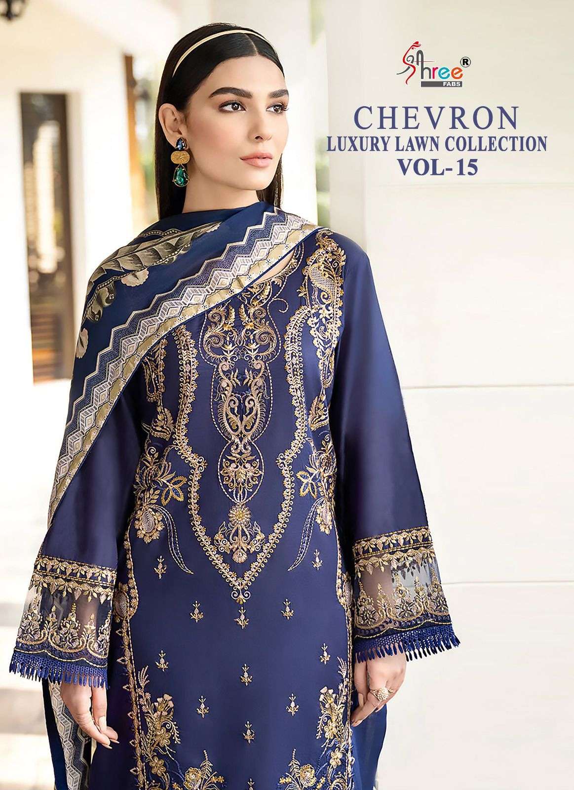 SHREE FAB CHEVRON LUXURY LAWN COLLECTION VOL 15 DESIGNER LAWN HEAVY SELF EMBROIDERY WORK NAD PATCHWORK PAKISTANI REPLICA SUITS WHOLESALE 