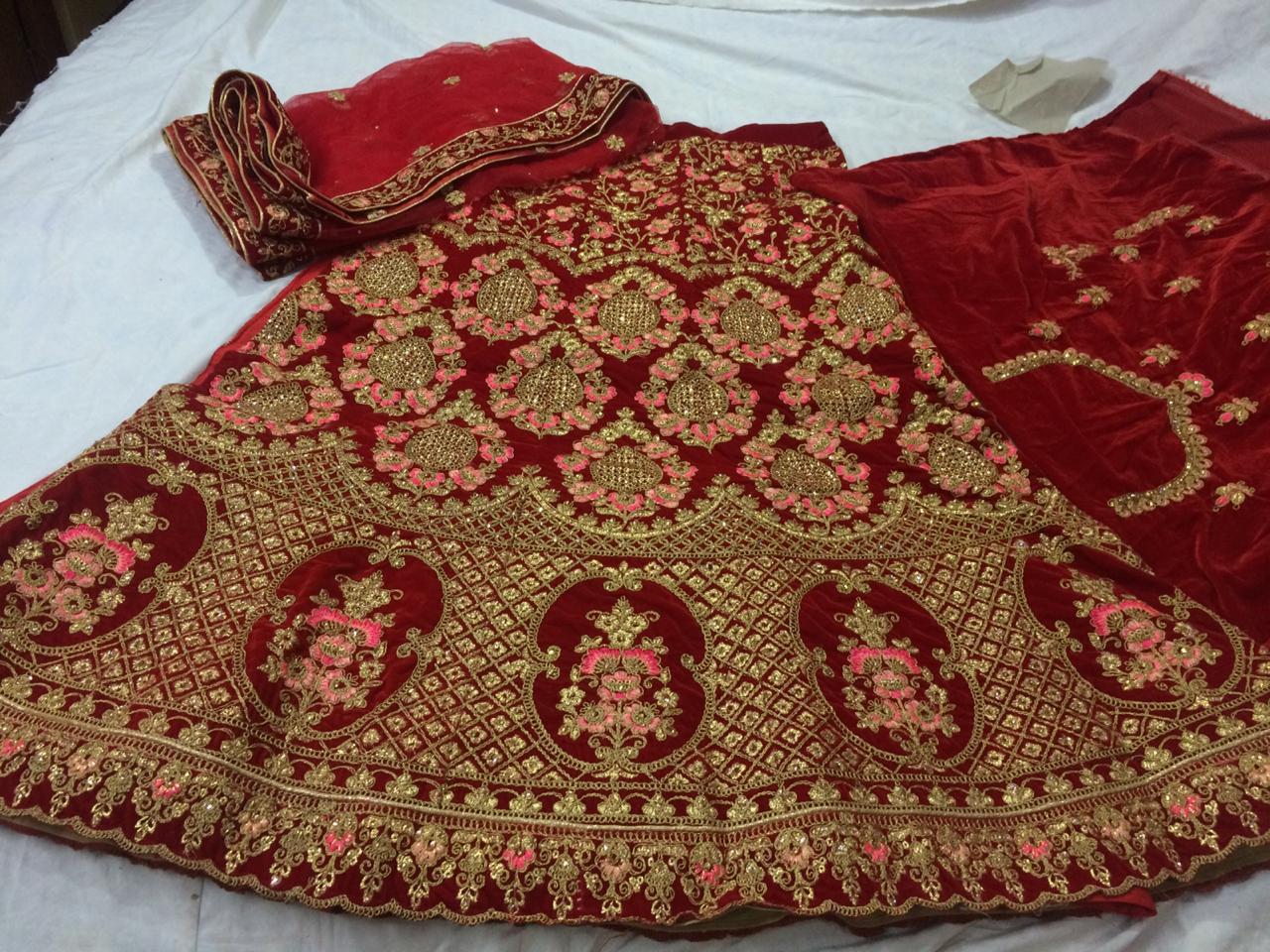 Designer Velvet With Heavy Embrodery Work Wedding Wear Lehenga Choli Wholesale