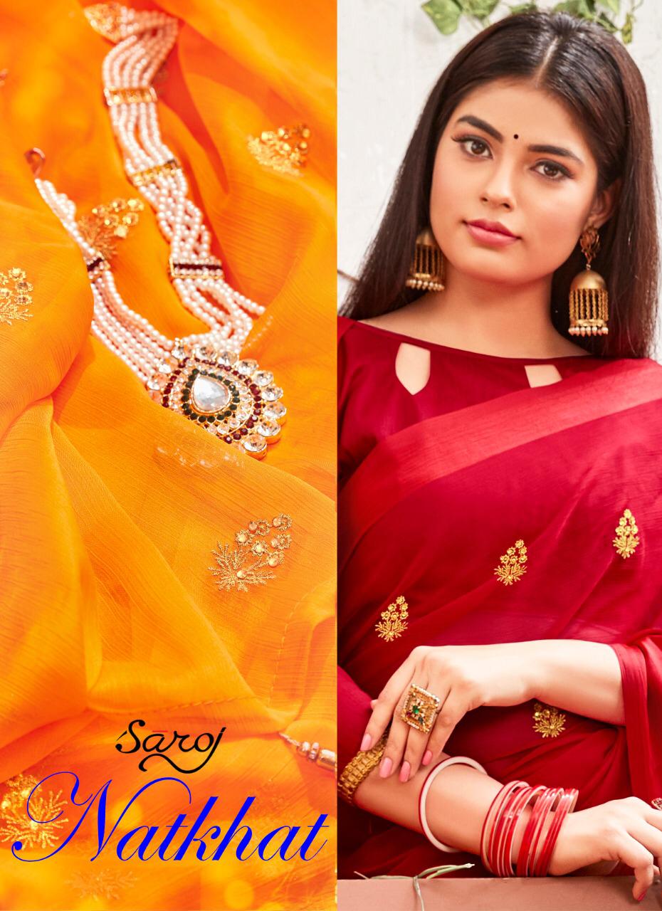Saroj Saree Natkhat Designer Chiffon Satin With Embroidered Butta Festival Wear Sarees In Best Wholesale Rate