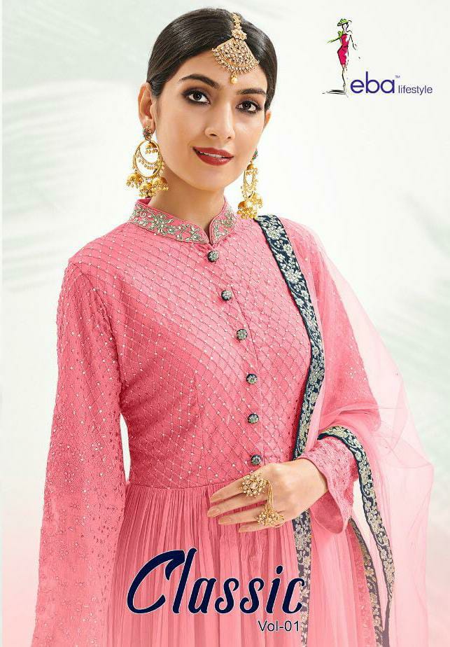 Eba Lifestyle Classic Vol 1 Chinon With Embroidery Work Partywear Plazzo Suits Wholesale