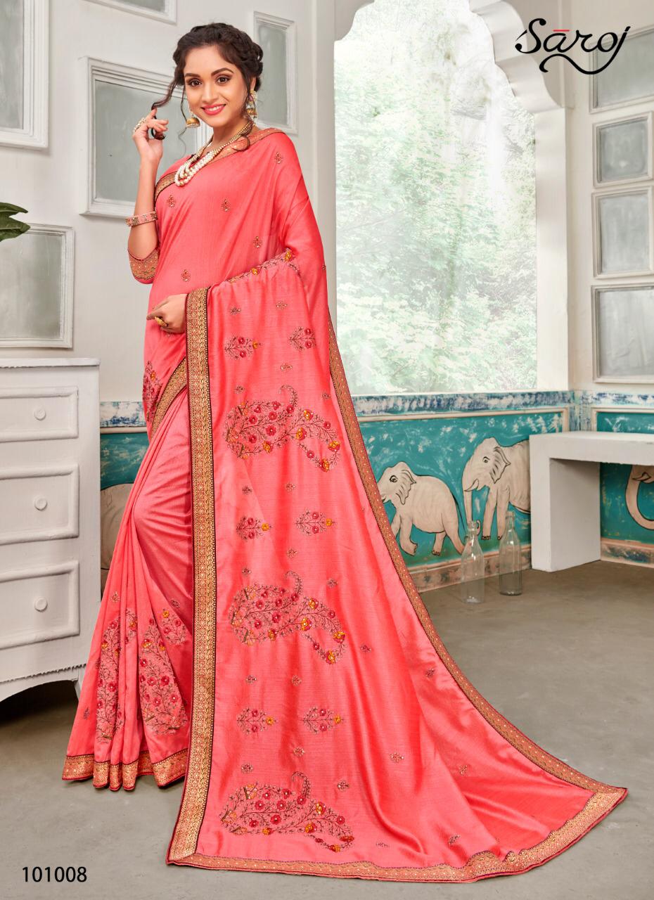 Saroj Sakhiya Designer Vichitra Dyed With Embroidery Work Sarees Wholesale