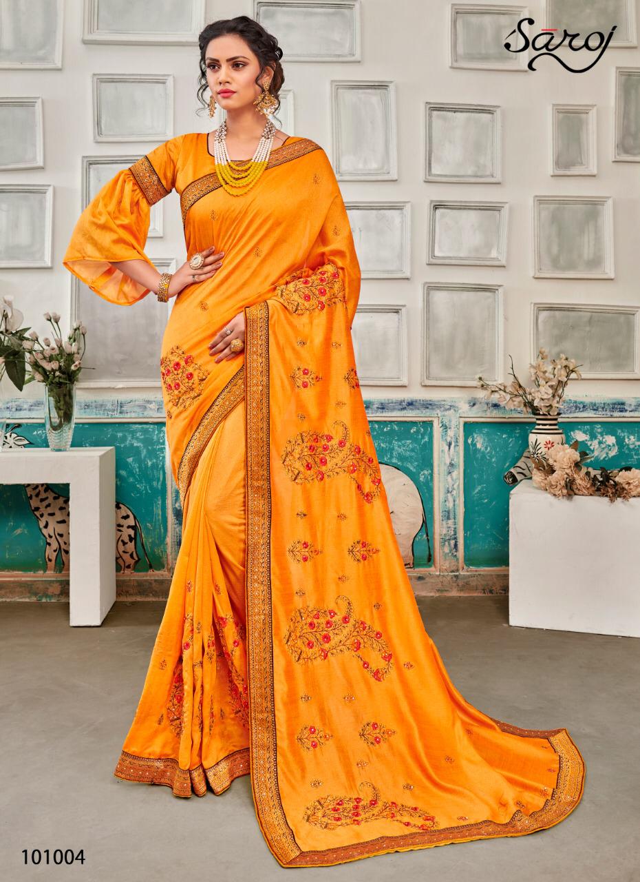 Saroj Sakhiya Designer Vichitra Dyed With Embroidery Work Sarees Wholesale