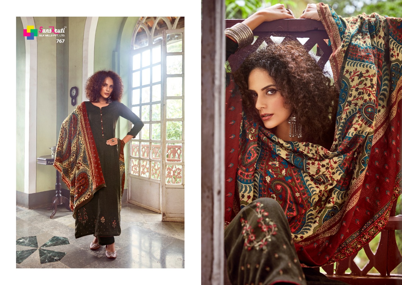 Sanskruti Silk Mills Fawziyah Designer Pashmina Wool Digital Placement Embroidery Work Suits Wholesale