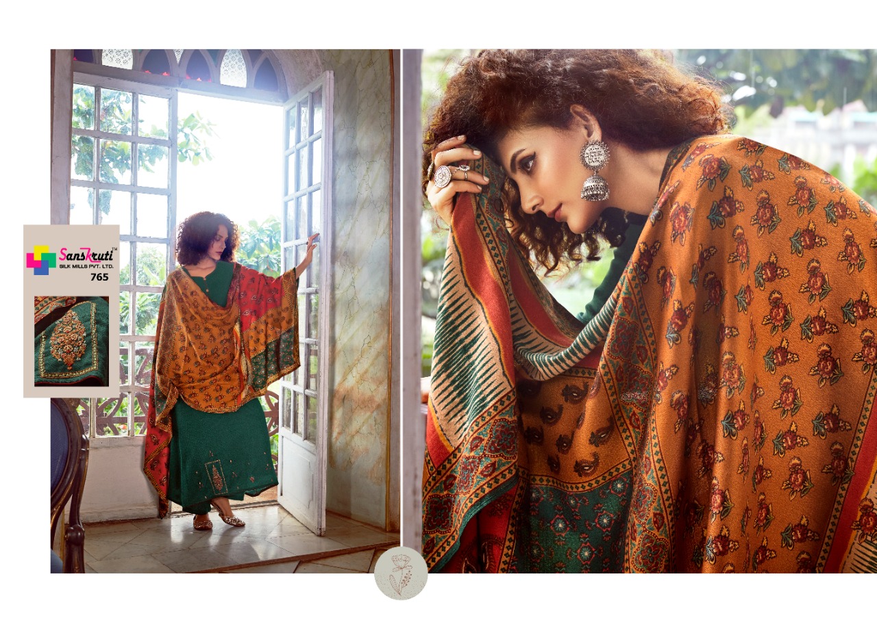 Sanskruti Silk Mills Fawziyah Designer Pashmina Wool Digital Placement Embroidery Work Suits Wholesale