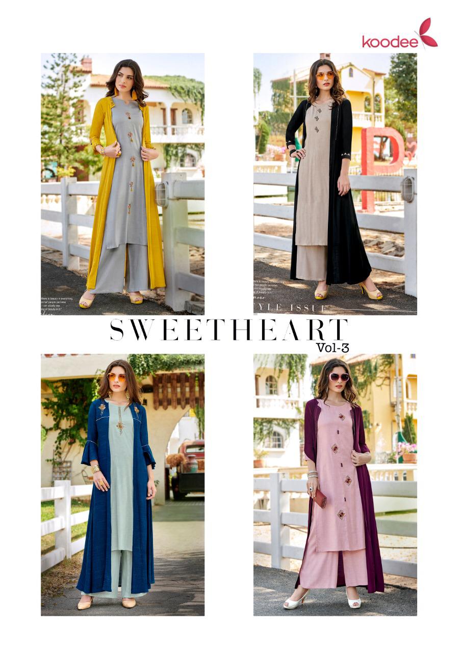 Kodee Sweetheart Vol 3 Designer Fancy Fabric Kurti With Plazzo And Shrug Pairs Wholesale