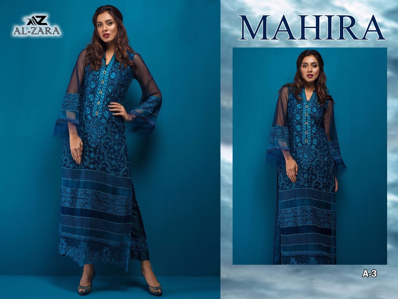 Al Zara Mahira Designer Full Embroidery Butterfly Net Partywear Pakistani Pettern Suits Singles