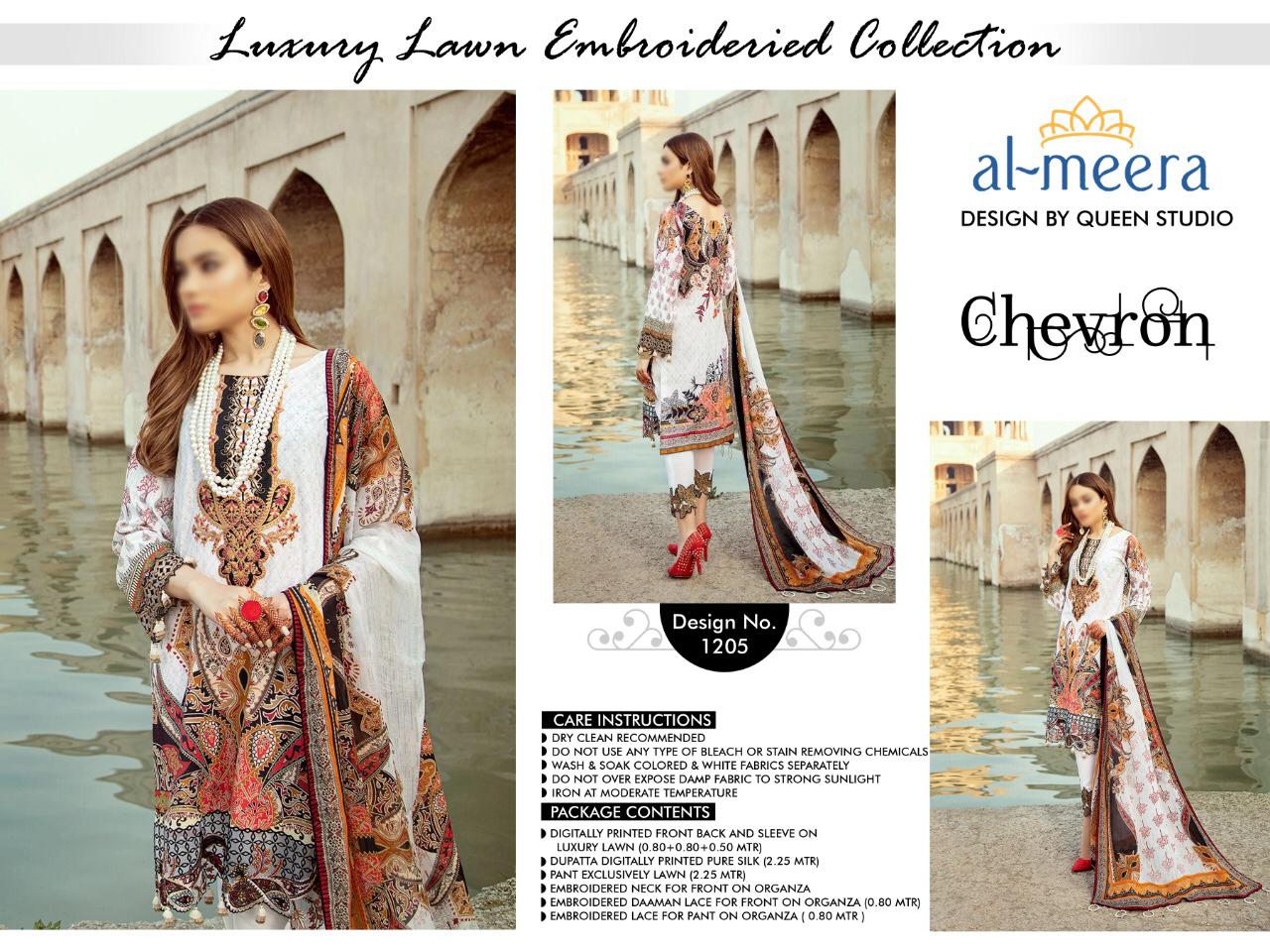 Al Meera D.1204,d.1205 Chevron Designer Luxury Lawn Embroidery With Fully Digital Printed Heavy Partywear Suits Wholesale