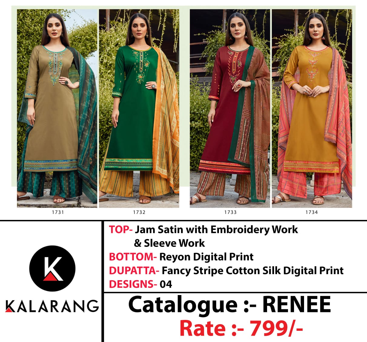 Kalarang Renee Designer Jam Satin Embroidery Work Suits Wholesale