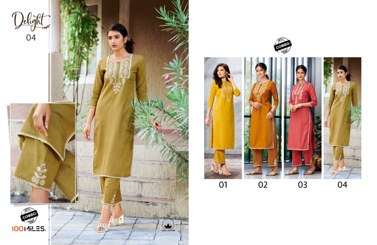 100 Miles Delight Cotton Embroidery Work Kurti With Combo Pants Wholesale