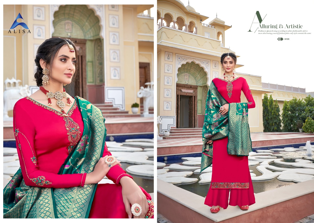 Alisa Amira Vol 15 Designer Georgette With Heavy Work And Additional Diamond Work Suit With Minakari Fancy Banaras Jacquard Dupatta Suit Wholesale