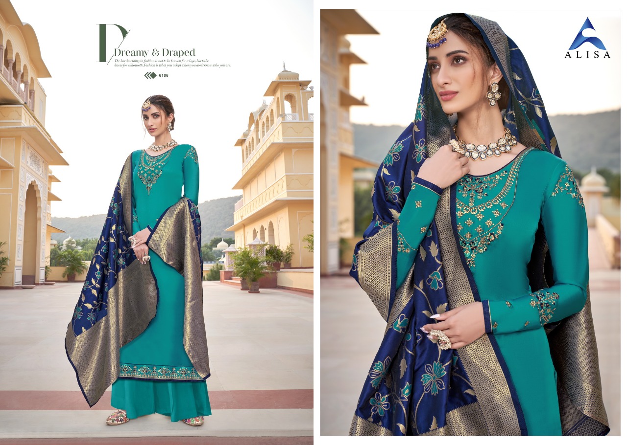 Alisa Amira Vol 15 Designer Georgette With Heavy Work And Additional Diamond Work Suit With Minakari Fancy Banaras Jacquard Dupatta Suit Wholesale