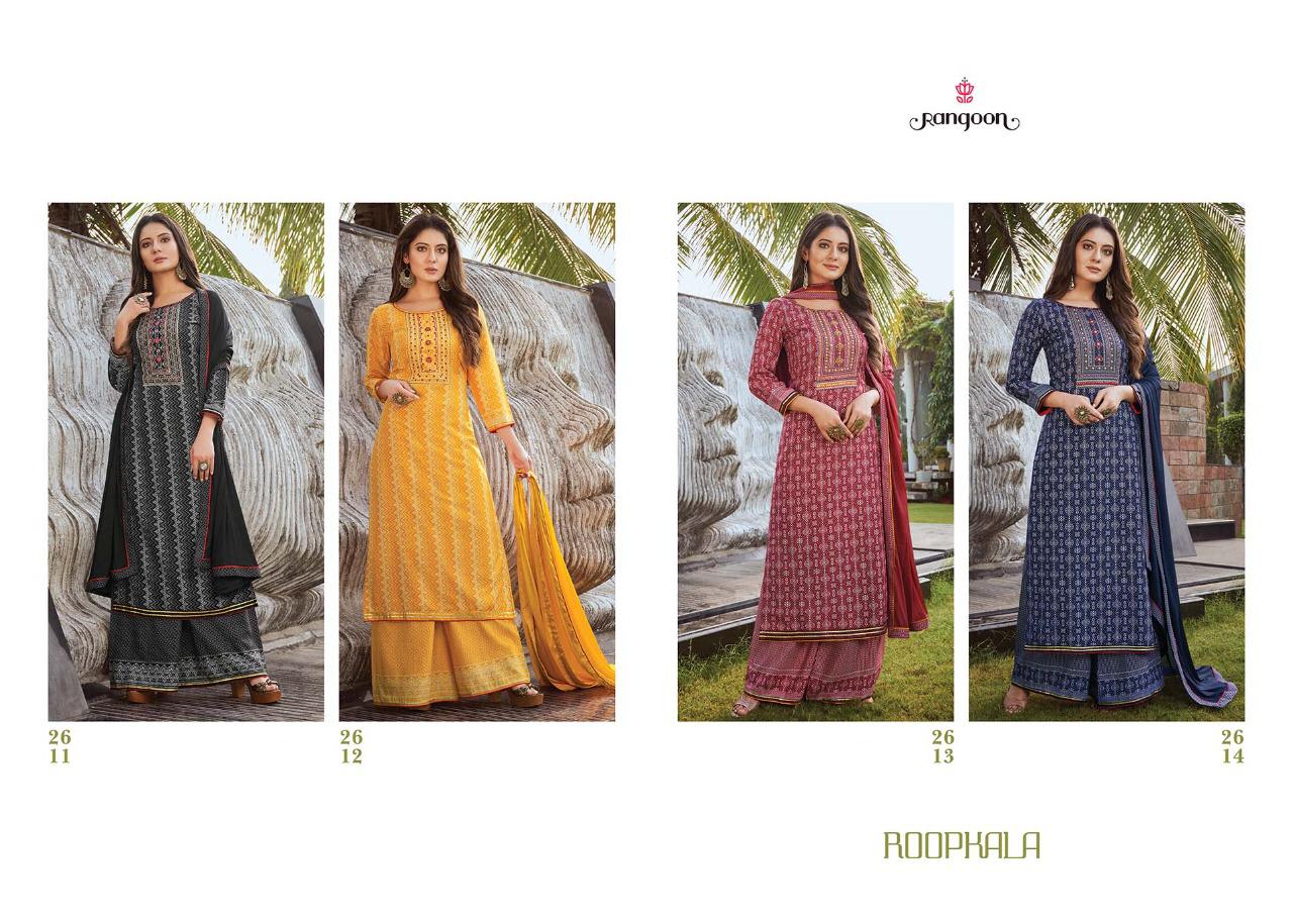 Rangoon Roopkala Slub Rayon With Digital Print And Khatli Handwork Stitched Suits Wholesale