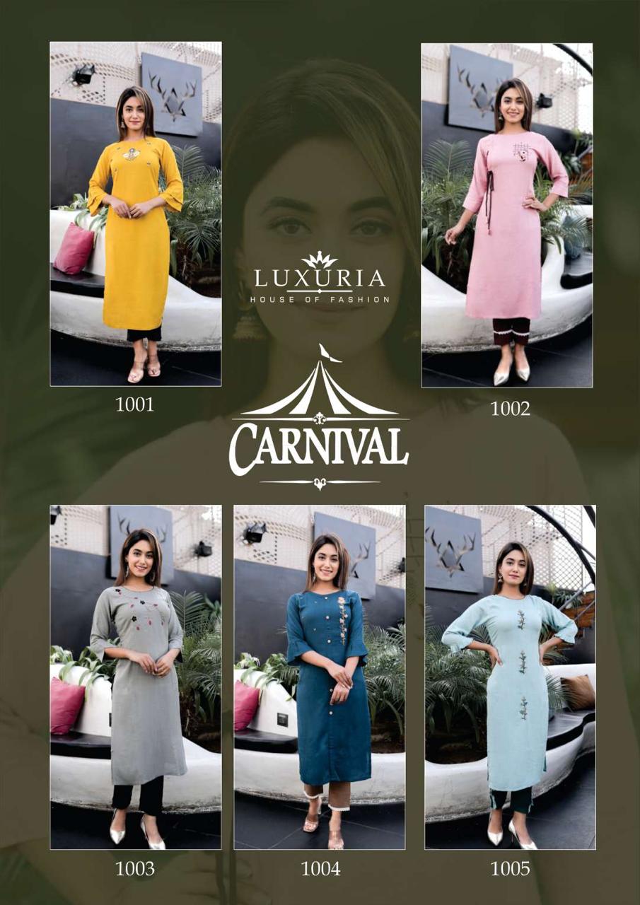 Carnival House Of Fashion Designer Party Wear Premium Rayon Slub Kurti With Pant Wholesale