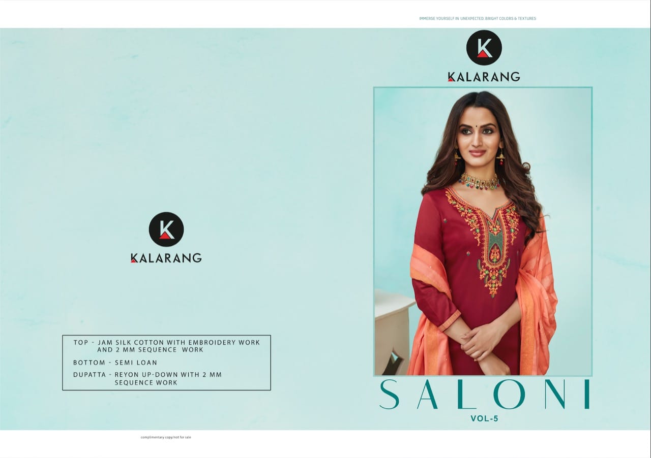 Kalarang Saloni Vol-5 Jam Silk Cotton With Embroidery Sequence Work Suits Wholesale Available At Best Rates