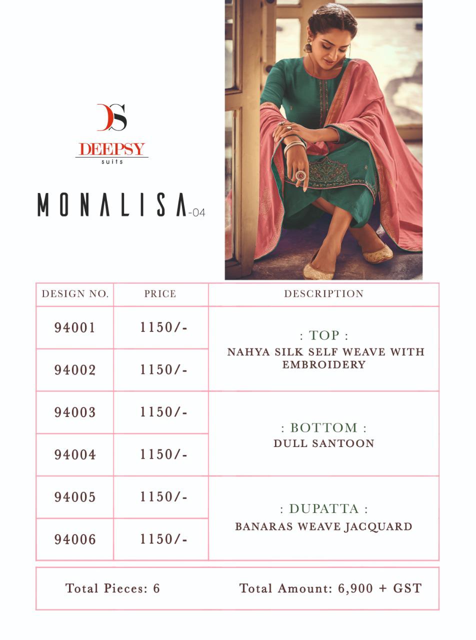 Deepsy Suit Monalisa Designer Nahaya Silk Self Embroidery Work Suits Wholesale
