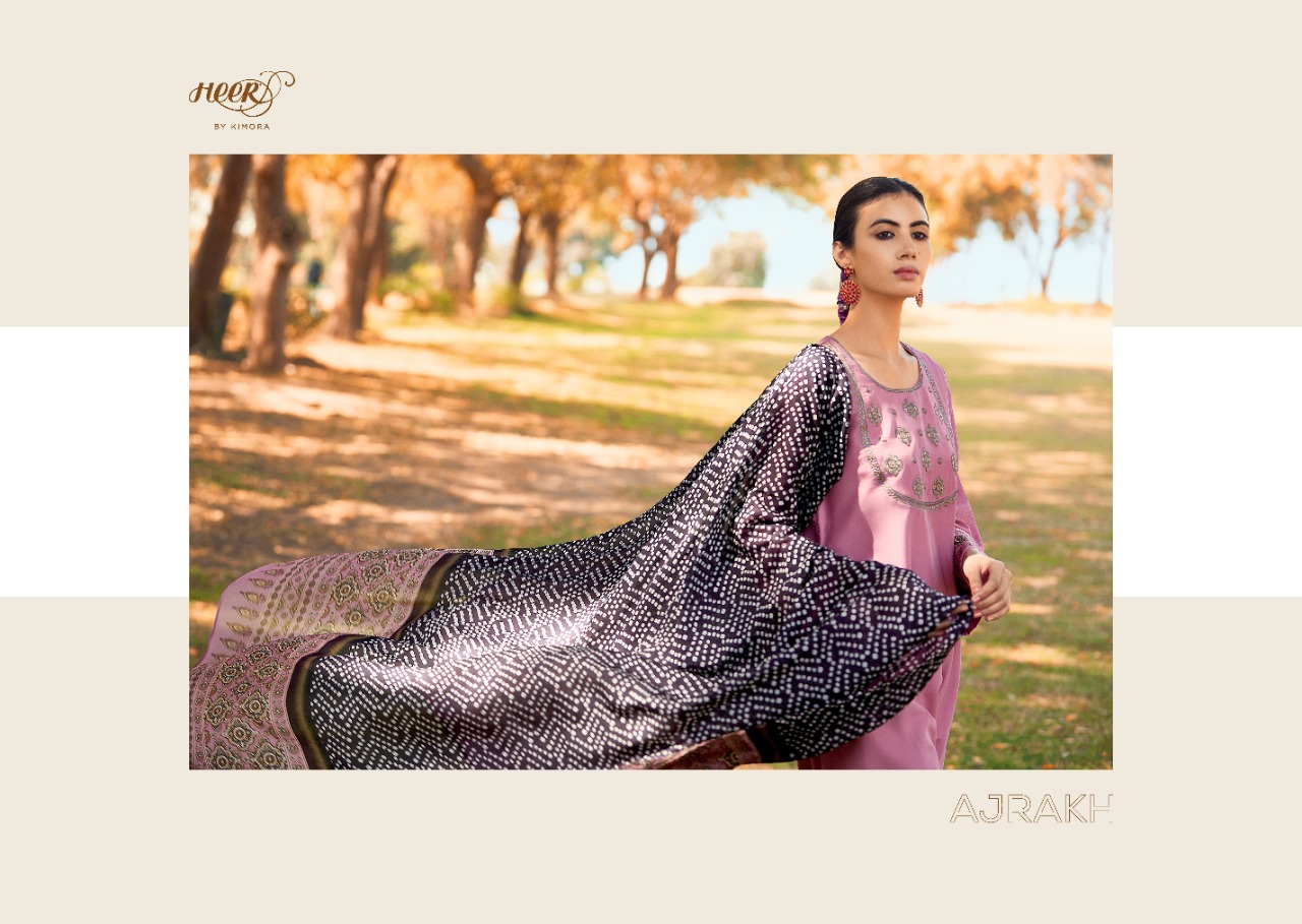 Kimora Heer Ajrakh Designer Pure Cotton Satin Digital Print With Neck Embroidery Work Suits Wholesale