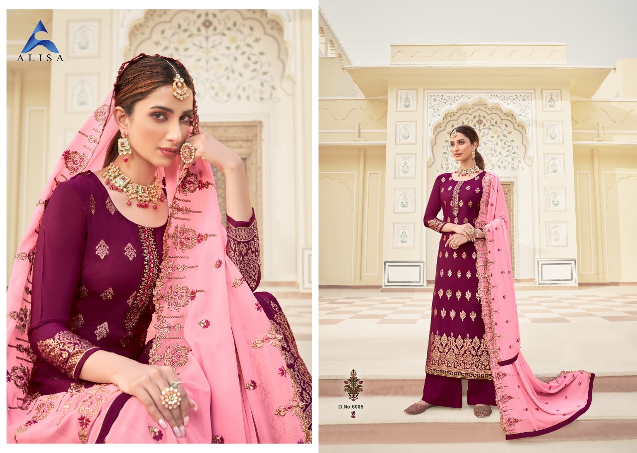 Alisa Kahera Designer Jacquard Silk With Heavy Work Partywear Suits Wholesale