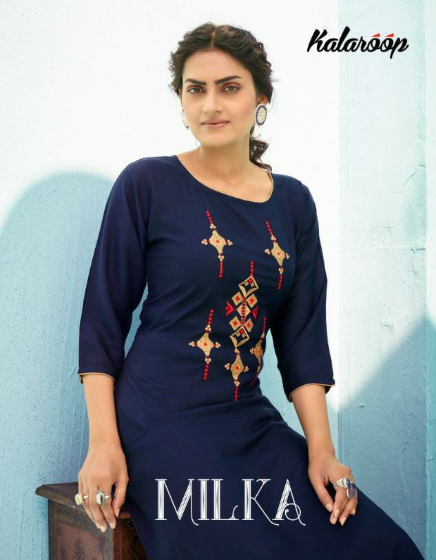 Kalaroop Kajree Milka Designer Rayon Embroidery Work Kurti With Plazzo Wholesale