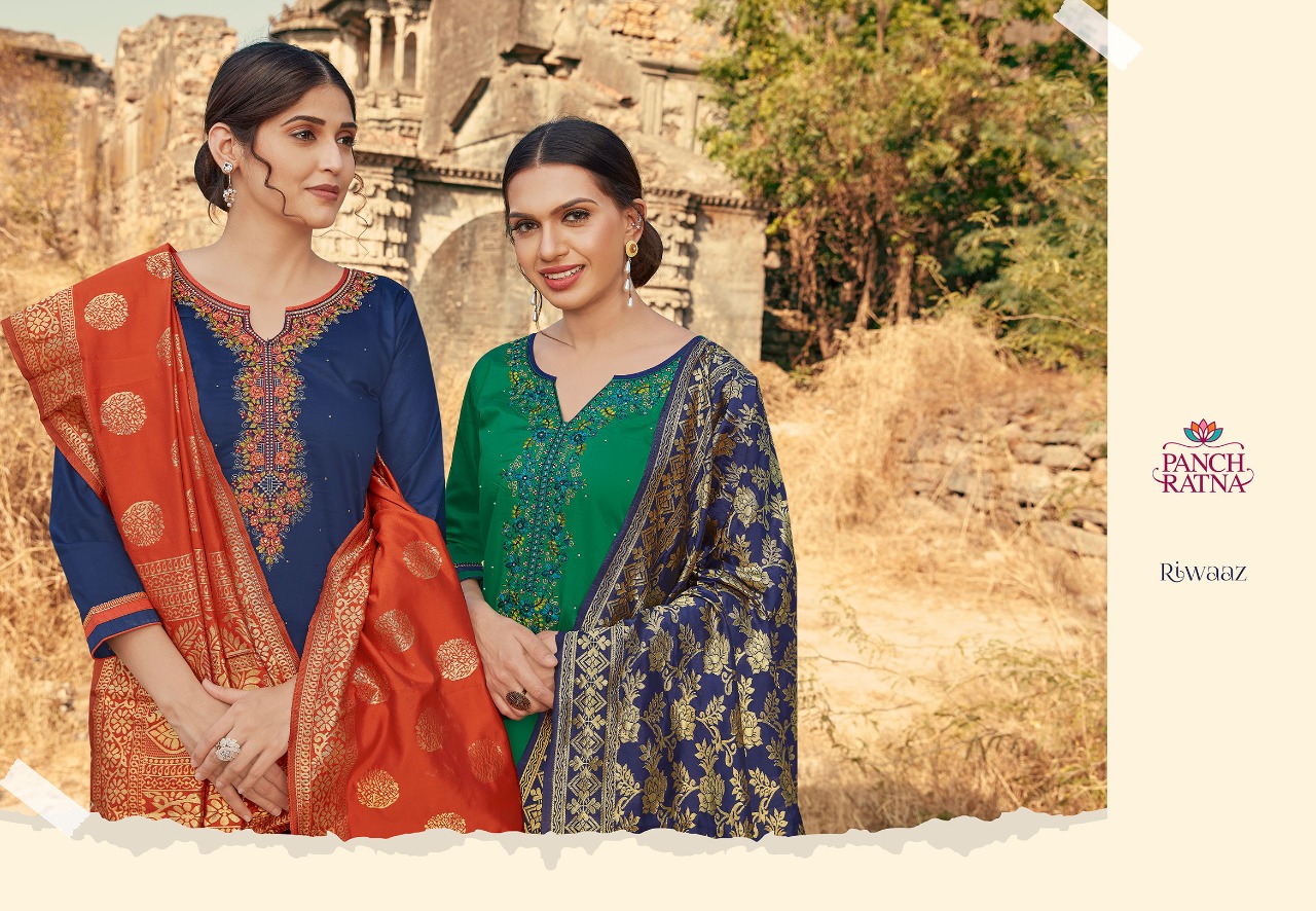 Panch Ratna Riwaaz Cotton Satin Work With Swarovski Work Suits Wholesale