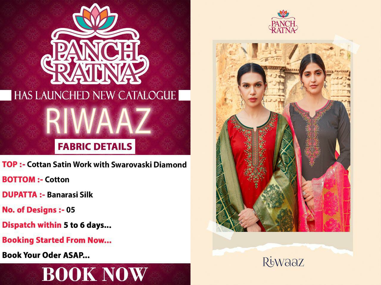Panch Ratna Riwaaz Cotton Satin Work With Swarovski Work Suits Wholesale