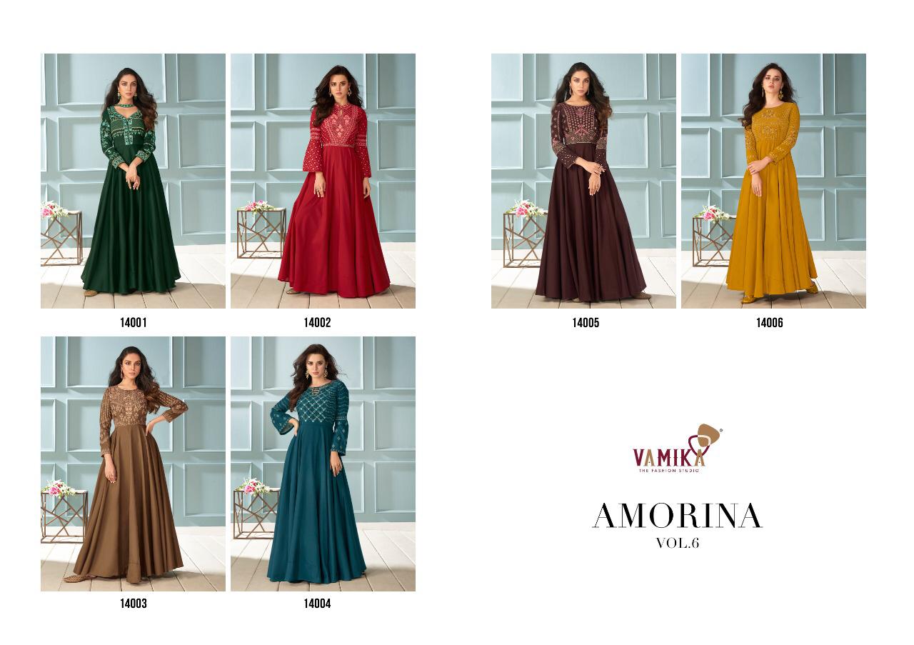 Vamika Amorina Vol 6 Designer Muslin Silk Embroidered Partywear Gowns Wholesale
