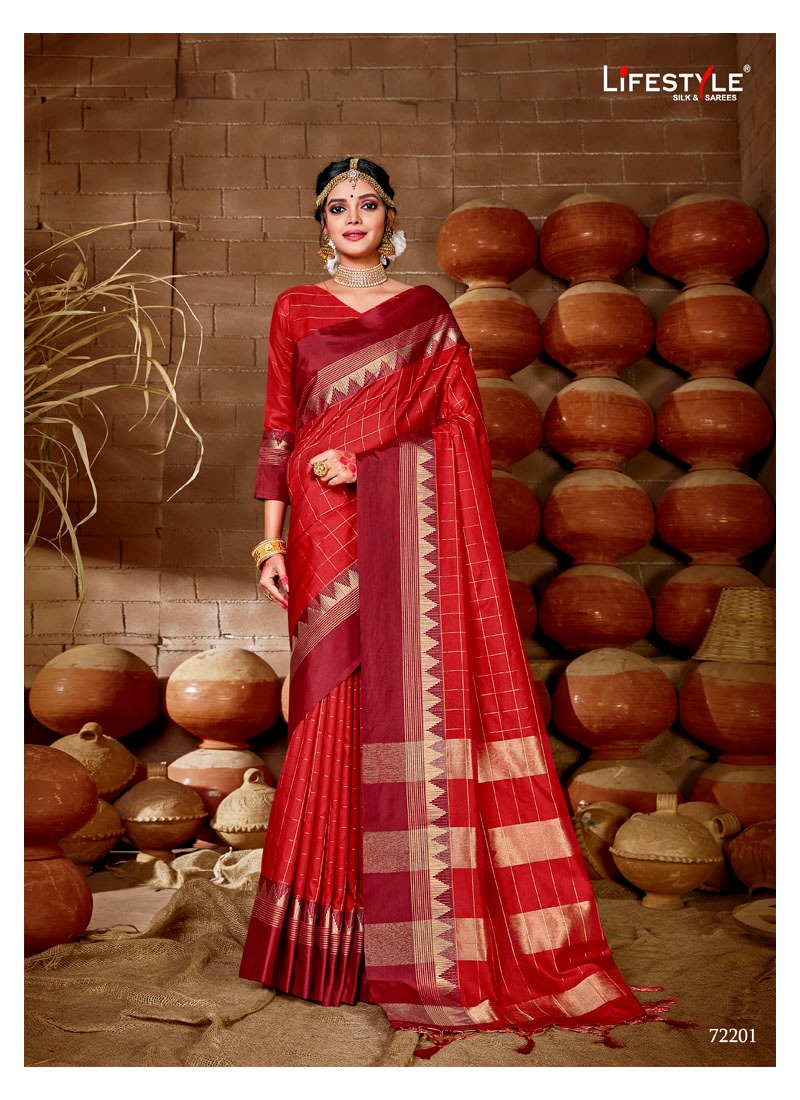 Lifestyle Samira Designer Lichi Silk Checks Chit Pallu Sarees Wholesale