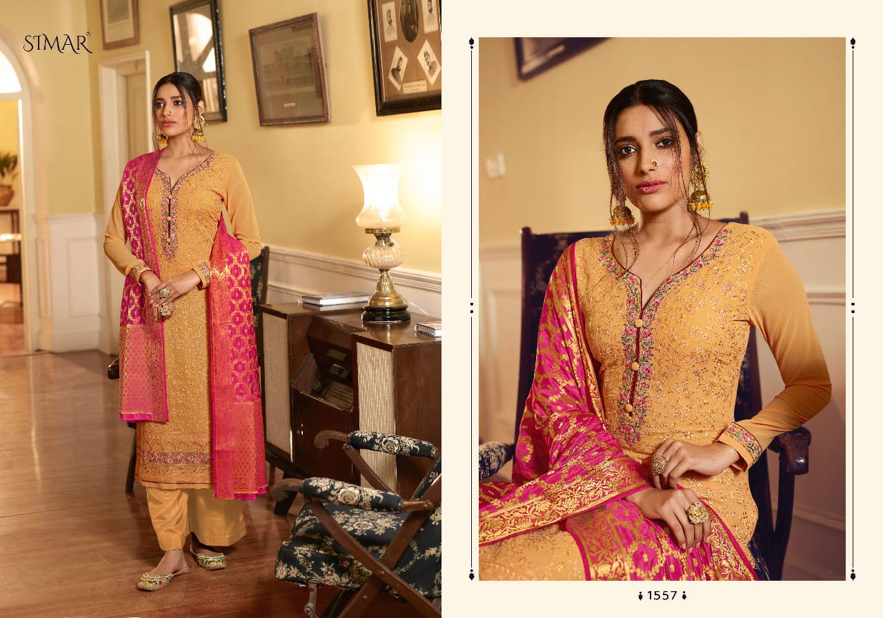Glossy Falaknama Designer Georgette Embroidery With Swarovski Work Suit With Jacquard Dupatta Suits Wholesale