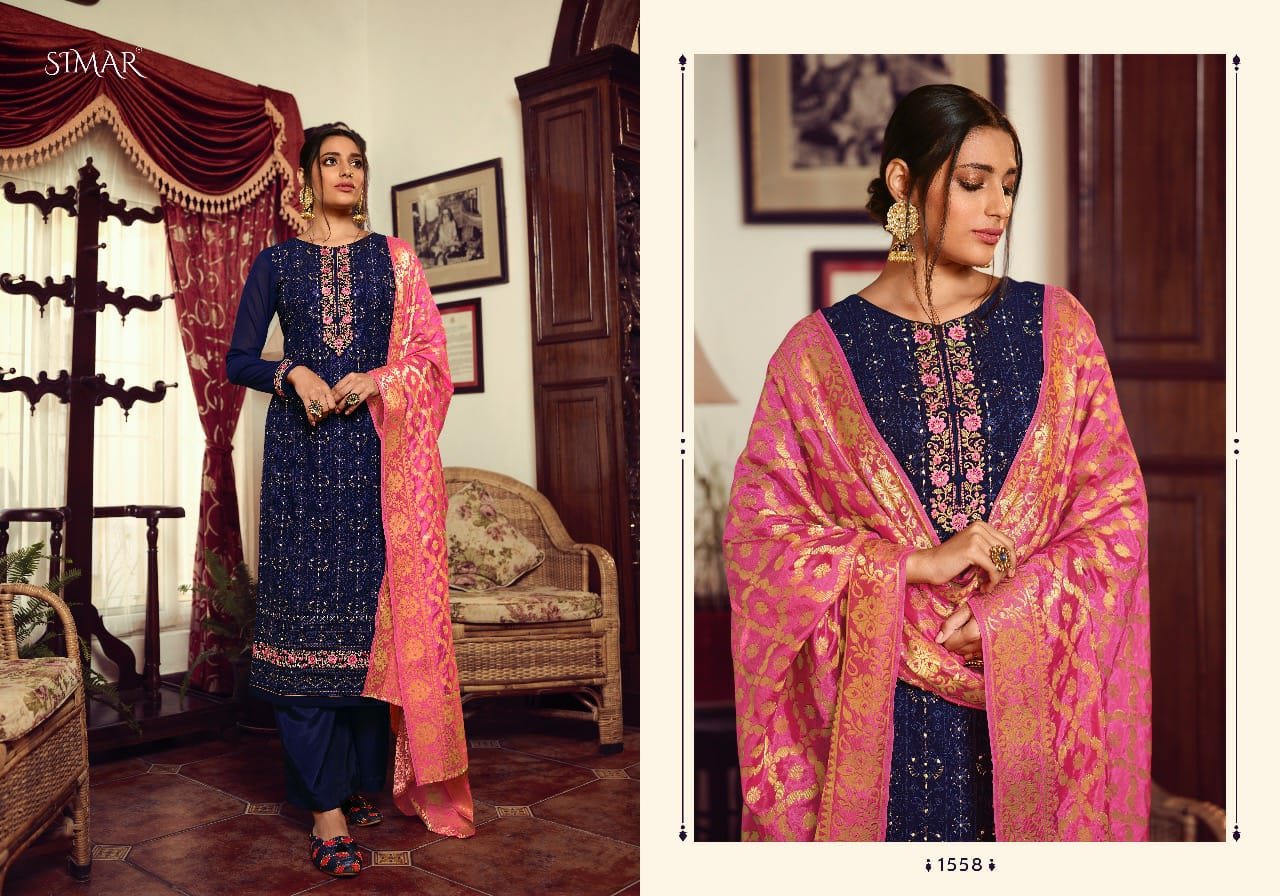 Glossy Falaknama Designer Georgette Embroidery With Swarovski Work Suit With Jacquard Dupatta Suits Wholesale
