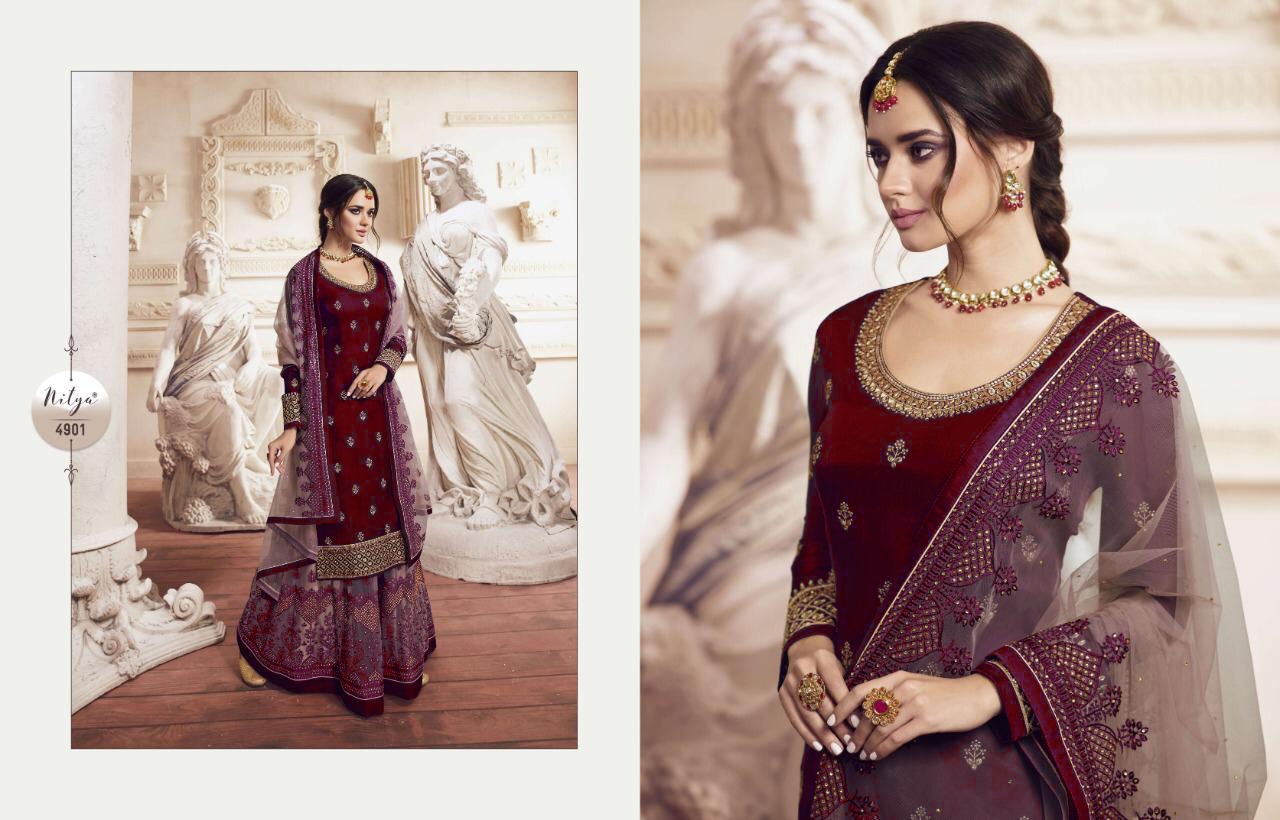 Lt Nitya 4901 Designer Heavy Satin Georgette With Embroidery Work Partywear Plazzo Suits Wholesale