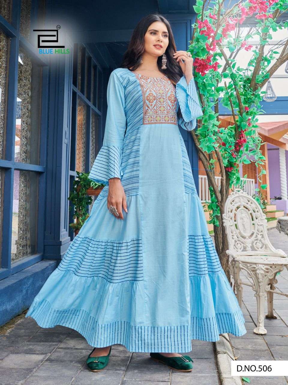 BLUE HILLS LIVIK VOL 5 DESIGNER COTTON CAMBRIC WITH NECK EMBROIDERY LONG FRILL GOWNS WHOLESALE