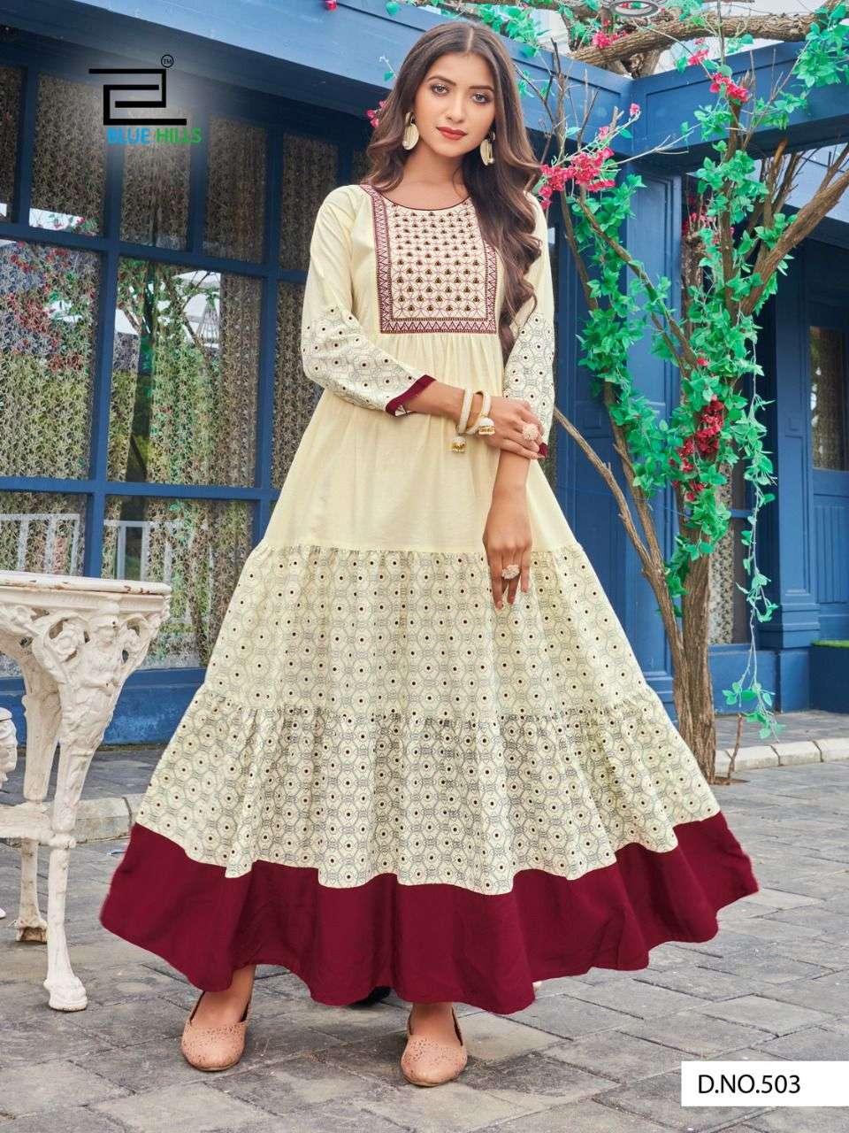 BLUE HILLS LIVIK VOL 5 DESIGNER COTTON CAMBRIC WITH NECK EMBROIDERY LONG FRILL GOWNS WHOLESALE