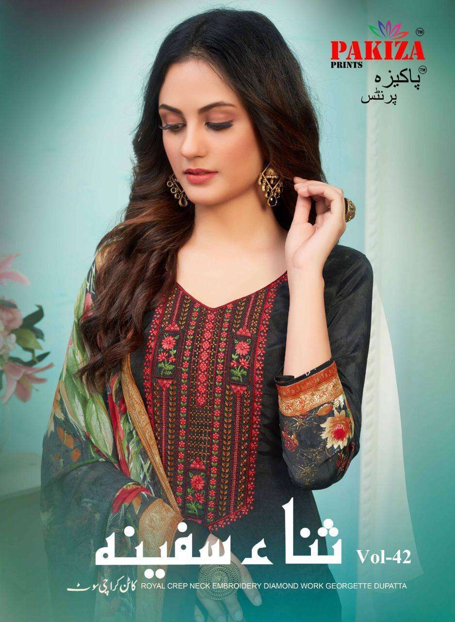 PAKIZA PRINTS VOL 42 DESIGNER CREPE WITH EMBROIDERY WORK SUITS WHOLESALE