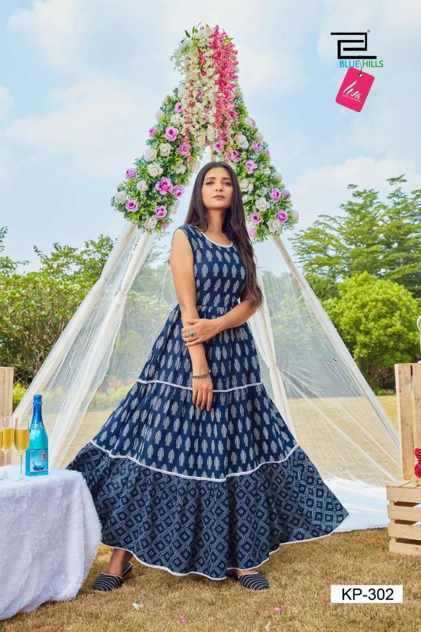 BLUE HILLS KITTY PARTY VOL 6 DESIGNER RAYON PRINTED LONG FRILL GOWN STYLE KURTIS WHOLESALE
