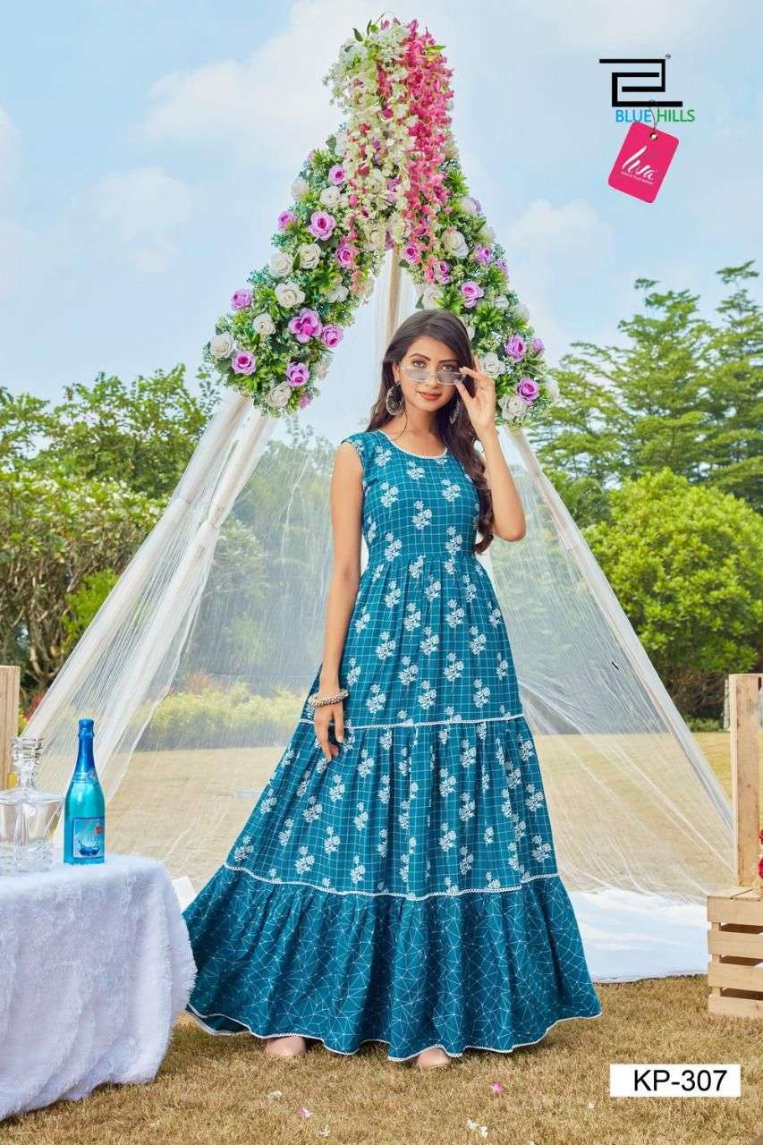 BLUE HILLS KITTY PARTY VOL 6 DESIGNER RAYON PRINTED LONG FRILL GOWN STYLE KURTIS WHOLESALE
