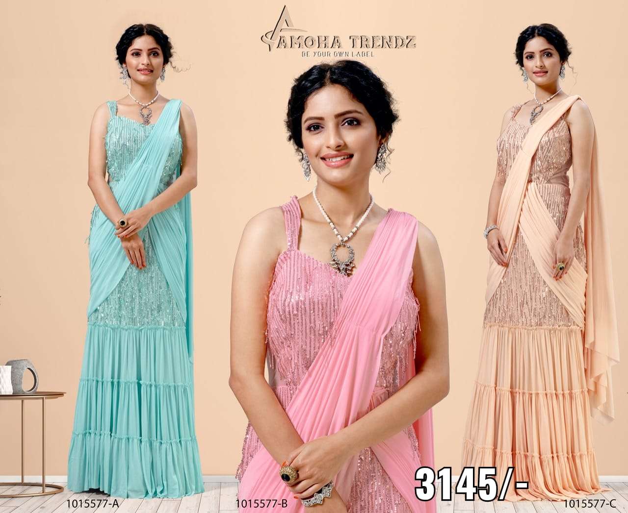 DESIGN NO. 1015577 DESIGNER IMPORTED LYCRA READYMADE  PARTYWEAR FRILL GOWN SAREES WHOLESALE