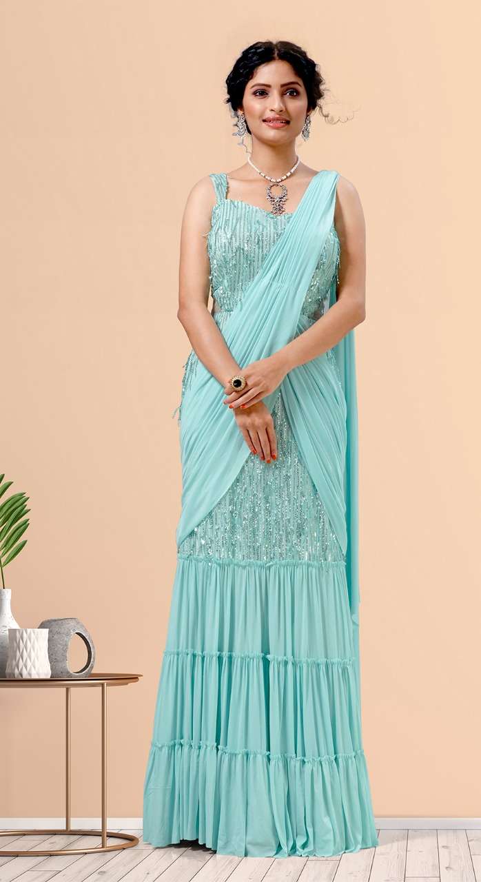 DESIGN NO. 1015577 DESIGNER IMPORTED LYCRA READYMADE  PARTYWEAR FRILL GOWN SAREES WHOLESALE