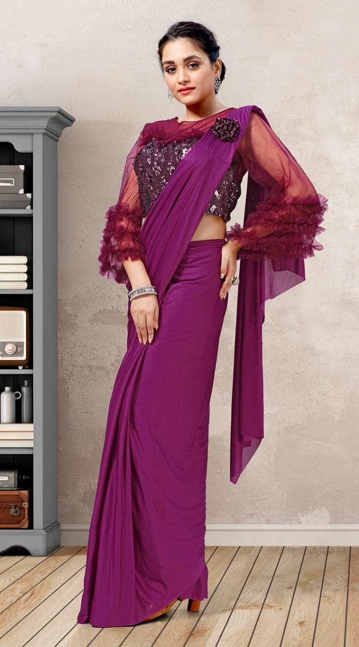 DESIGN NO.1015601 DESIGNER IMPORTED LYCRA SAREE WITH NET BELL SLEEVES BLOUSE PARTYWEAR WHOLESALE
