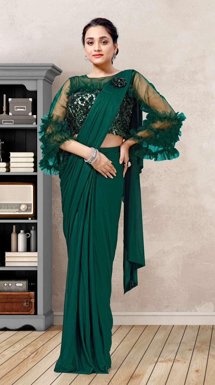DESIGN NO.1015601 DESIGNER IMPORTED LYCRA SAREE WITH NET BELL SLEEVES BLOUSE PARTYWEAR WHOLESALE