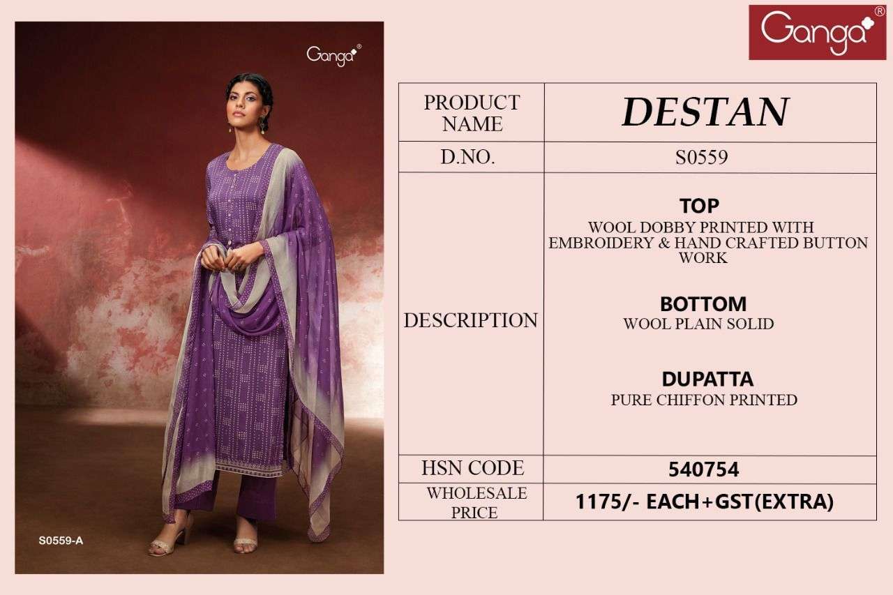 GANGA DESTAN 559 DESIGNER WOOL DOBBY PRINT WITH EMBROIDERY AND CRAFTED BUTTON WORK SUITS WHOLESALE