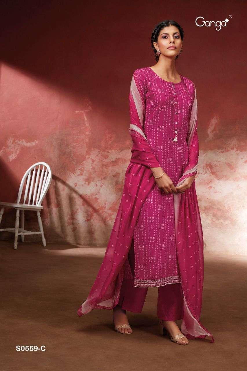 GANGA DESTAN 559 DESIGNER WOOL DOBBY PRINT WITH EMBROIDERY AND CRAFTED BUTTON WORK SUITS WHOLESALE
