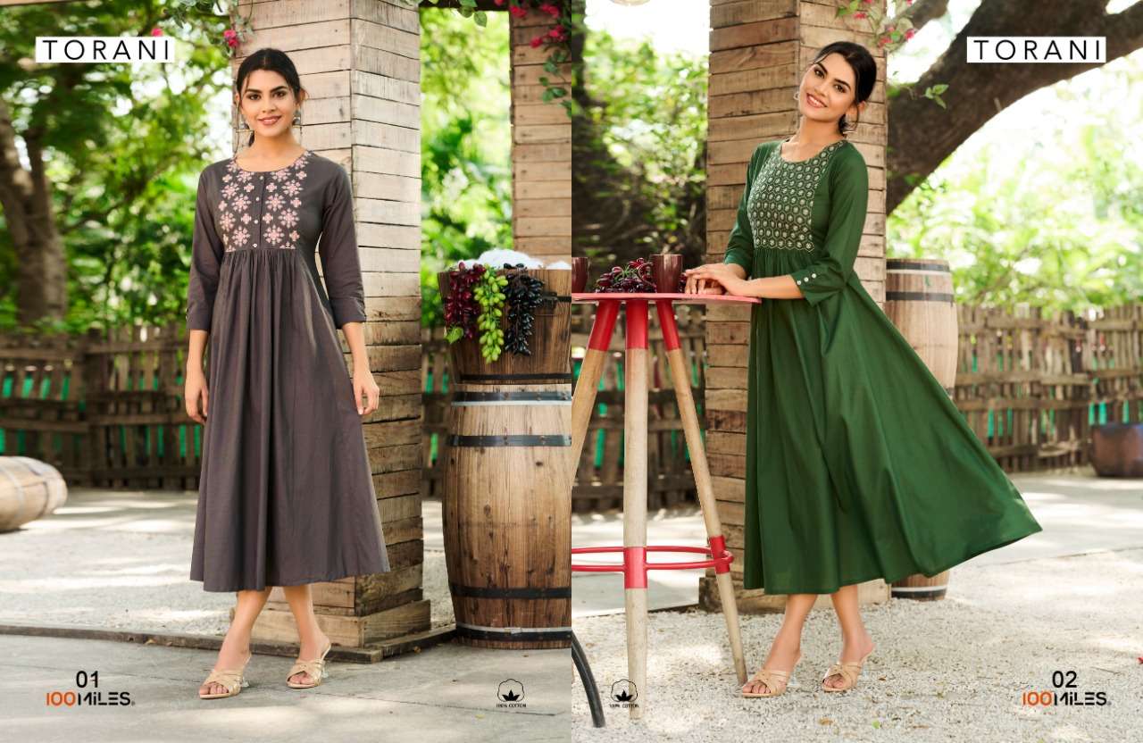 100 Miles  Torani Designer Pure Giza cotton Long Kurti with Flair Gathers In Wholesale Rate